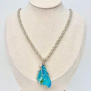 Handmade Wire Wrapped Blue Art Glass Pendant Necklace Drop Accent